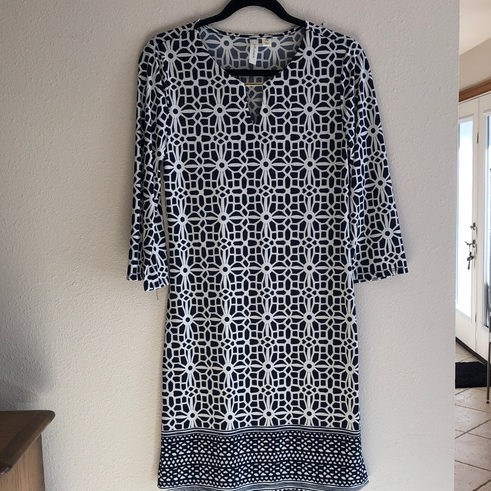 Tacera Navy Blue and White Geometric Long Sleeve Dress Size PS - Picture 1 of 4
